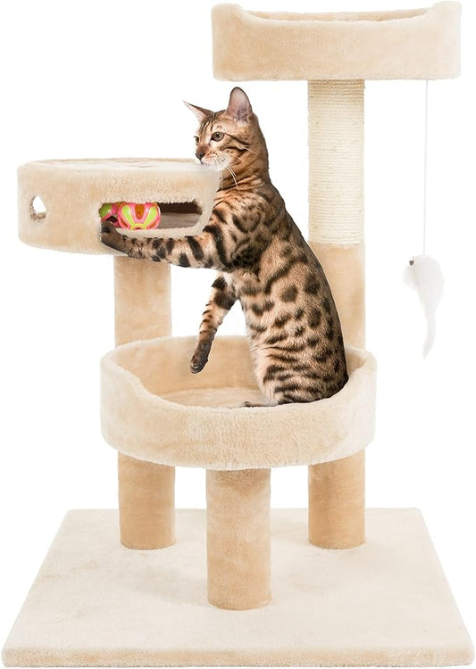 Cat Tree - 3-Tier Tall Cat Tower Condo with 2 Napping Perches, Sisal Rope Scratching Post, Hanging Mouse and Interactive Wheel Toy by PETMAKER (Beige), 27.5"