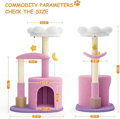 Athena Collection Small Cat Tree Condo with Sisal Scratching Post, 33 Inch Modern Cute Flower Cat Tree Tower with Cozy Perch Toy Ball for Indoor, Kittens, Purple