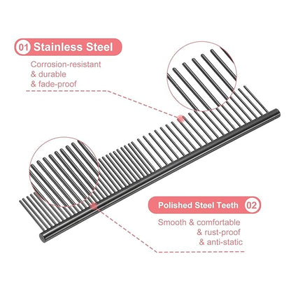 Dog Cat Comb, Pet Combs Stainless Steel Teeth with Rounded Ends for Knots Mats Loose Hair Removal, 6.5IN (Black Plated, 3 Pack), Grooming Tool Intended for Long Curly Hair Pet