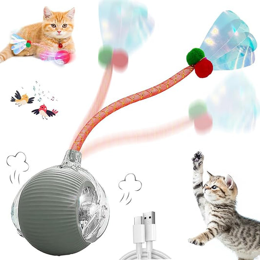 Valentines Day Gifts Speedy 2.0 Tail Interactive Cat Toys for Indoor Cats, Automatic Cat Toy with Elastic Mesh Tail, Electric Rolling Ball on Carpet, Chirping and Motion Activate Cat(Grey)