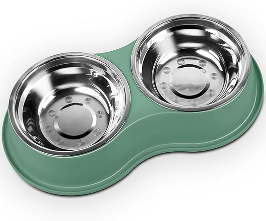 Dog Bowls Large Double Dog Water and Food Bowls Stainless Steel Bowls with Non-Slip Resin Station, Pet Feeder Bowls Food Dish for Small Medium Large Dogs Cats