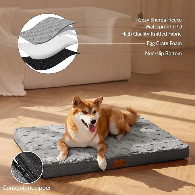 Patas Lague Orthopedic Dog Bed Large Sized Dog 36''X24'', Waterproof Soft Comfortable Egg Crate Foam Large Pet Beds Crate Mat with Removable Washable Cover and Nonskid Bottom, Grey