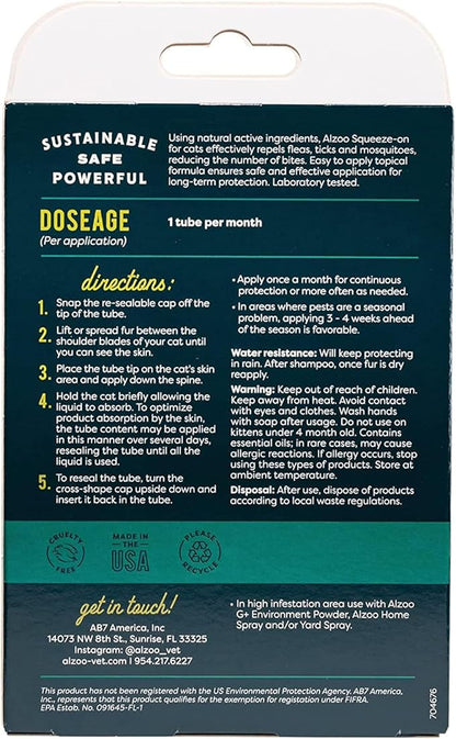 ALZOO Natural Flea & Tick Squeeze-On for Cats, Helps Repel Fleas, Ticks & Mosquitos, Up to 3-Months Protection, Plant-Based Active Ingredients, Water-Resistant, 3 EZ-On Applicators Per Pack
