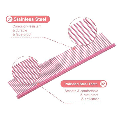 Dog Cat Comb, Pet Combs Stainless Steel Teeth with Rounded Ends for Knots Mats Loose Hair Removal, 7.5IN (Pink Coated, 3 Pack), Grooming Tool Intended for Long Curly Hair Pet