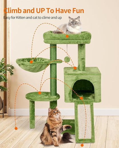 FISH&NAP Cute Cat Tree Kitten Cat Tower for Indoor Cat Condo Sisal Scratching Posts with Jump Platform Cat Furniture Activity Center Play House Green