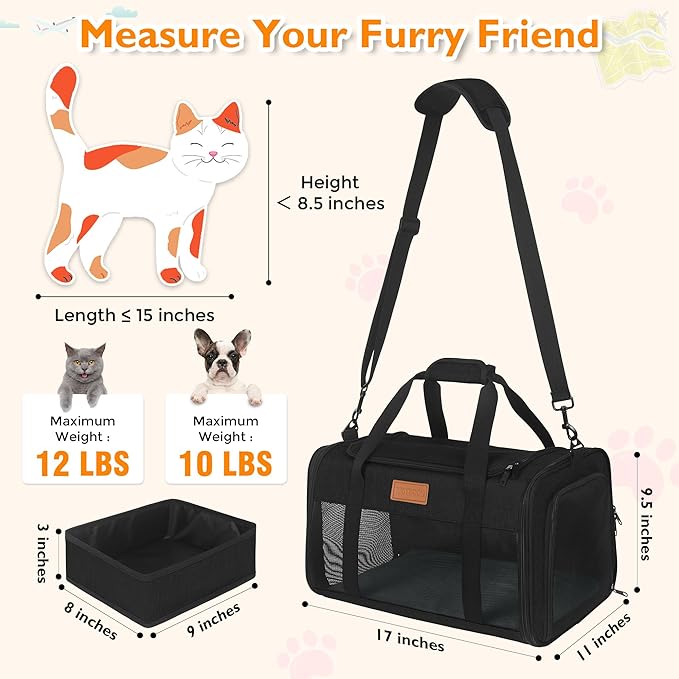 PETUX Airline Approved Cat Carrier or Small Cat up to 12 lb - 17x11x9.5 in Underseat, Top & Side Entry Pet Carrier with Breathable Anti-Scratch Mesh & Litter Box for Travel and Vet Visit - Black