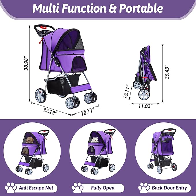 Azaeahom Pet Stroller, 4 Wheels Pet Strolling Cart for Medium/Small Dogs and Cats, Foldable Cat Jogger/Dog Stroller with Cup Holder, Storage Basket, Breathable Mesh, All-Season Pet Carrier, Purple