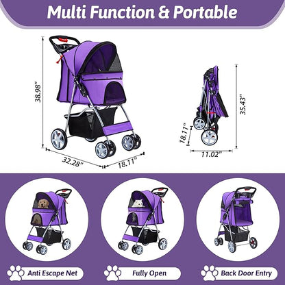 Azaeahom Pet Stroller, 4 Wheels Pet Strolling Cart for Medium/Small Dogs and Cats, Foldable Cat Jogger/Dog Stroller with Cup Holder, Storage Basket, Breathable Mesh, All-Season Pet Carrier, Purple