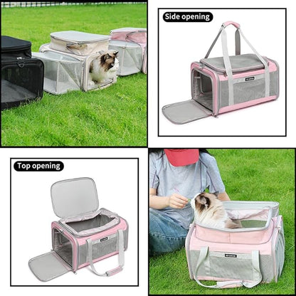 Airline Approved Pet Carrier for Cats and Small Dogs up to 15 lbs, Breathable Mesh, Portable Travel Bag for Bearded Dragon, Puppies Animal Hangbag, Rabbit Cage (Pink, Expandable)