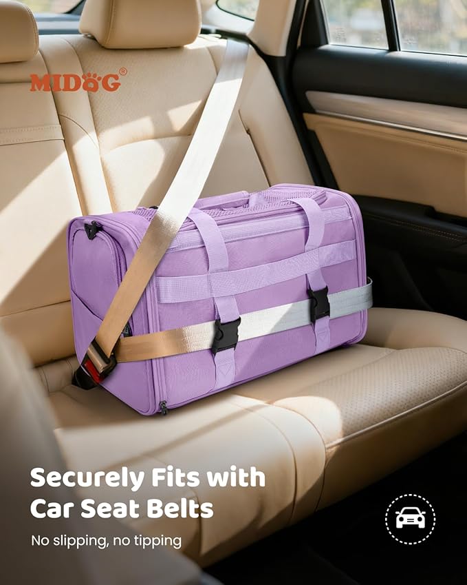 MIDOG Cat Carrier Soft, TSA Approved Airline Travel Carrier for Cats and Small Dogs, Under Seat Pet Bag with Expandable Space & Escape-Proof Zippers (Lavender)
