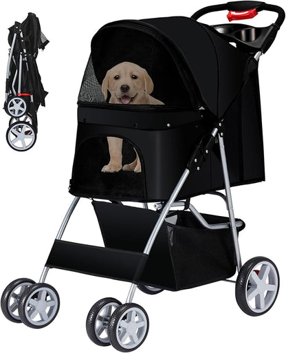 Pet Stroller, 4 Wheels Pet Strolling Cart for Medium/Small Dogs and Cats, Foldable Cat Jogger/Dog Stroller with Cup Holder, Storage Basket, Breathable Mesh, All-Season Pet Carrier, Black