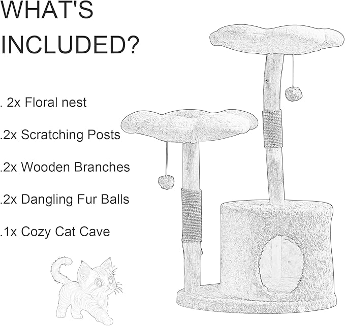 Modern Cat Tree Tower with Real Branch | Luxury Cat Condo for Large Cats | Wooden Cat Tower | Cat Scratching Tree for Cat Lover Gift （Pink ）