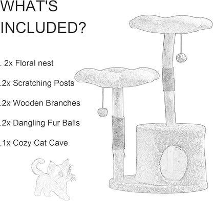 Modern Cat Tree Tower with Real Branch | Luxury Cat Condo for Large Cats | Wooden Cat Tower | Cat Scratching Tree for Cat Lover Gift （Pink ）