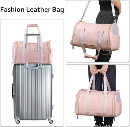 Fashion Leather Dog Carrier Cat Carrier Airline Approved Pet Carrier for Small Medium Dogs Cats Under 15Lbs, Collapsible Soft Sided Travel Puppy Carrier Pink