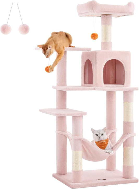 Feandrea Cat Tree, 56.3-Inch Cat Tower for Indoor Cats, Multi-Level Cat Condo with 4 Scratching Posts, 2 Perches, Hammock, Cave, Jelly Pink UPCT161P01