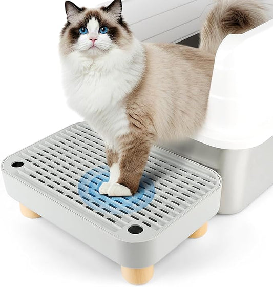 Litter Box Step, Cat Step/Ramp/Catcher with Wooden Base, Filter Function, Easy to Clean, Ideal for Kitten & Elderly Cats (Light Grey)