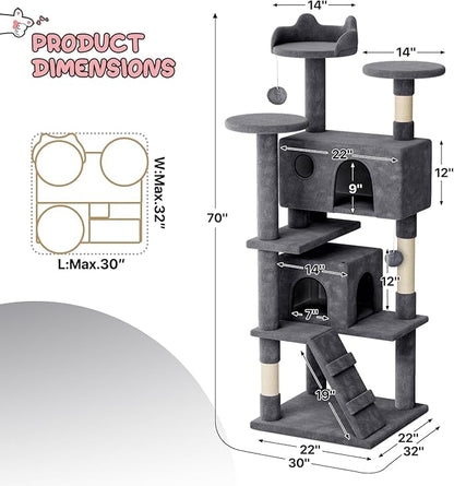 MoNiBloom 70 Inch Cat Tree Tower for Indoor Cats Large Adults, Tall Cat Tower with Scratching Post, Multi-Level Furniture Activity Center with Cat Condo Pet Play House, Smoky Grey