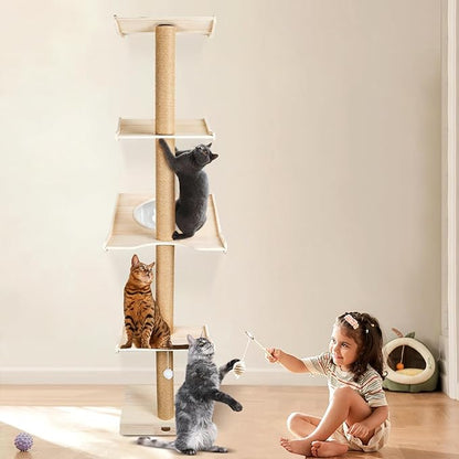 Cat Tree, 4-Tier Cat Tower 76" Tall Against Wall Cats Climbing Tower with Rotatable Scratching Posts, Cat Shelves Perch and Hanging Toy Ball, Cat Tree Tower for Indoor Cats