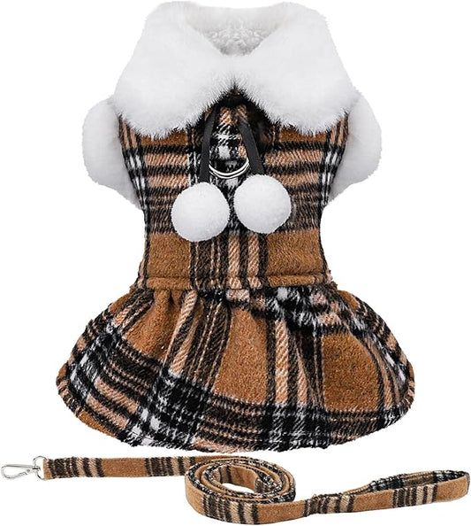 Sebaoyu Christmas Plaid Dog Sweater Dress with Leash, Sweater for Dogs, Winter Puppy Clothes Warm Sweaters for Small Doggy Girl, Fleece Sweaters for Chihuahua Yorkie Teacup (Khaki,X-Small)