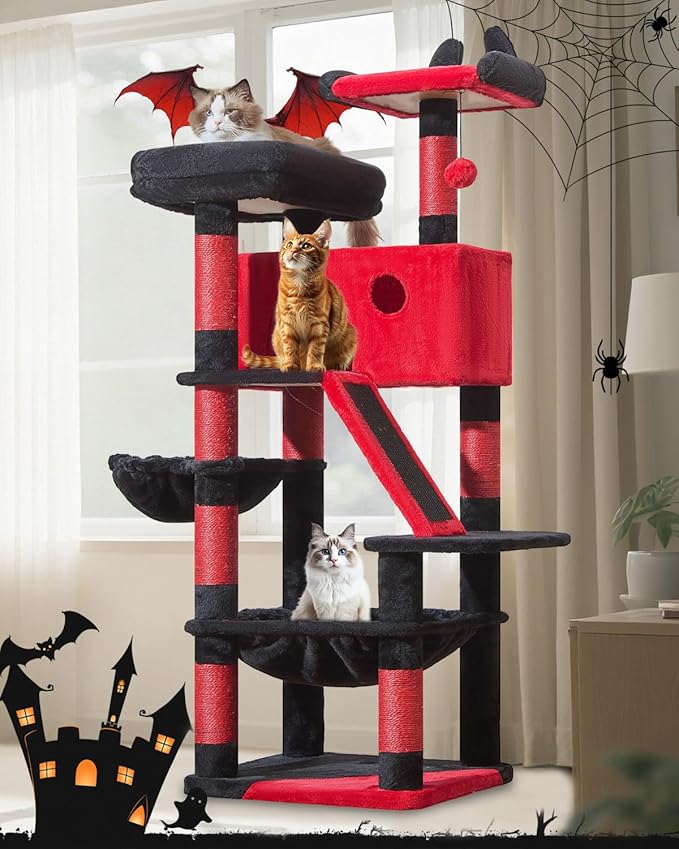 Taoqimiao Gothic Cat Tree 57.5-Inch, Cat Tower for Indoor Cats Large Adult, Extra Large Cat Condo, 8 Sisal Scratching Posts, Metal Frame Cozy Hammock, Durable Scratch Board, 2 Top Perches, MS026BR