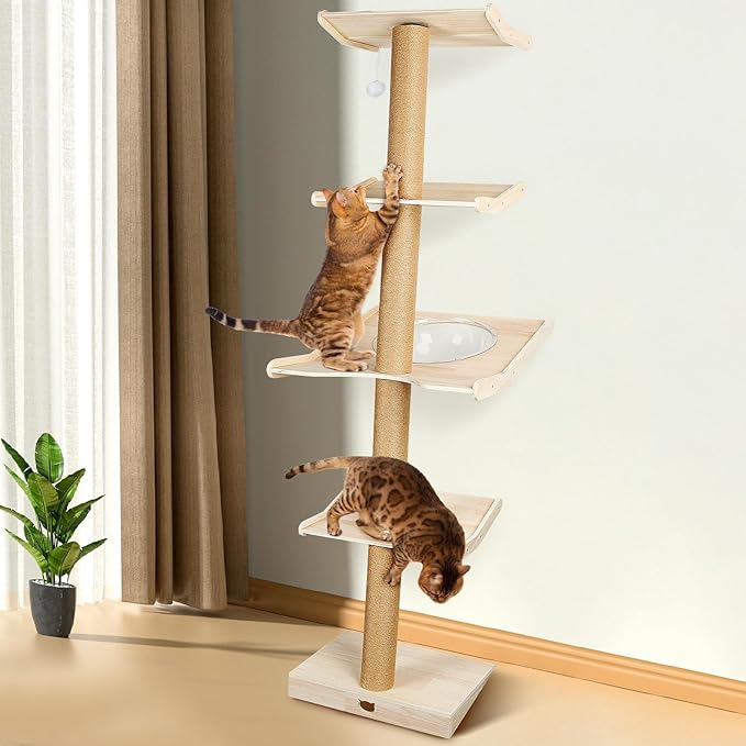 Cat Tree, 4-Tier Cat Tower 76" Tall Against Wall Cats Climbing Tower with Rotatable Scratching Posts, Cat Shelves Perch and Hanging Toy Ball, Cat Tree Tower for Indoor Cats