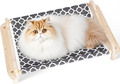 Elevated Wooden Cat Bed – 24"x15.7"x5.9" Breathable Hammock Pet Bed for Indoor/Outdoor Use, Raised Dog Lounger for Small Pets Like Kittens, Puppies, Rabbits, and Bunnies (Grey-1)