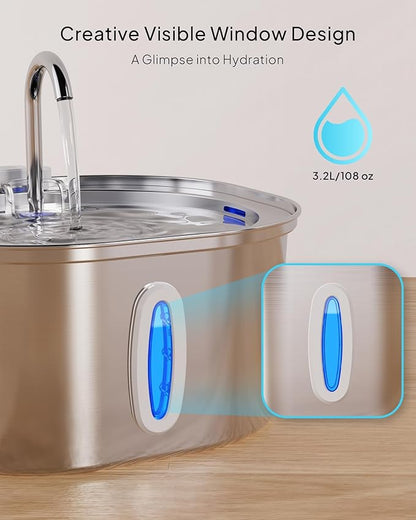 PEKTACO Stainless Steel Cat Water Fountain, 3.2L/108oz Cat Water Dispenser with Ultra-Quiet Water Pump and Water-Level Window, Dishwasher Safe Pet Drinking Fountain for Cats & Small Dogs
