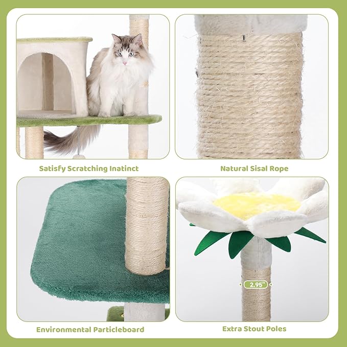 HYABi 64-Inch Cute Avocado Flower Large Tall Garden Cat Tree Tower Condo House Furniture Bed Plush Ball Activity Platform Multi-Level with Scratching Posts for Indoor Cats Play