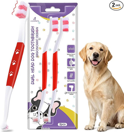 Dog Toothbrush – Newly Upgraded Dual-Head Design with 60° Wavy Bristles – Gently Surrounds Teeth for Deep Cleaning and Plaque Removal – Non-Slip Handle, Ideal for Daily Pet Dental Care (Red, 2-Pack)