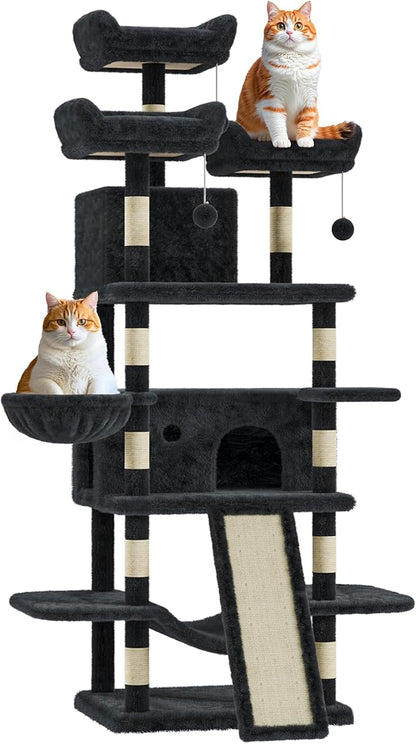 68.5 Inch Tall Cat Tree Tower, Heavy Duty Multi-Level Cat Tower with Scratching Posts, Condo, Plush Perches, Hammocks, Basket & Dangling Balls, Cat Furniture for Indoor Cats, Dark Grey