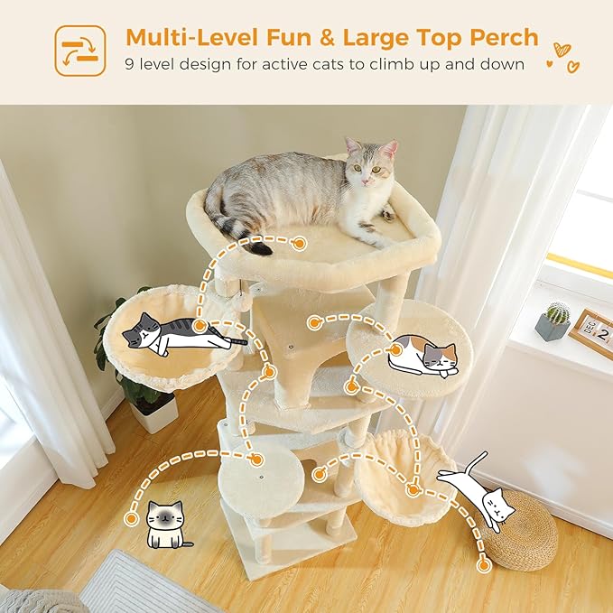 PAWZ Road Tall Cat Tower, 70 Inch Cat Tree with Hammock, 5 Scratching Posts, 2 Condos and a Large Top Perches for Large Cats-Beige