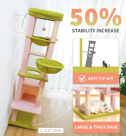 Made4Pets Tall Cat Tree, 71 Inches Cat Tree Tower for Indoor Cats Large Adult, Plush Multi-Level Cat Tower with 5 Scratching Posts, 2 Hammock, Condo and Perch, Big Cat House Indoor, Pink