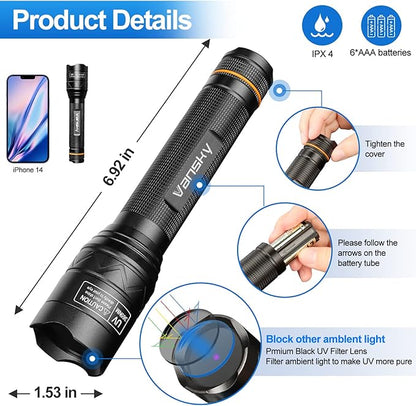 Vansky X7 Pro 365nm UV Light Blacklight Flashlights: LED Black Light Flashlite Professional Ultraviolet Flashlight Pet Urine Detector for Dog Cat, Resin Curing and Rock Hunting(Batteries are Included)