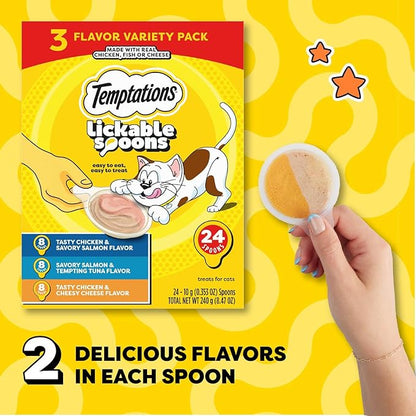 Temptations Lickable Spoons Adult Wet Cat Treat, 24 Spoons, Variety Pack