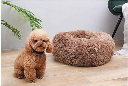 BODISEINT Modern Soft Plush Round Pet Bed for Cats or Small Dogs, Mini Medium Sized Dog Cat Bed Self Warming Autumn Winter Indoor Snooze Sleeping Cozy Kitty Teddy Kennel (20'' D x 8'' H, Coffee)
