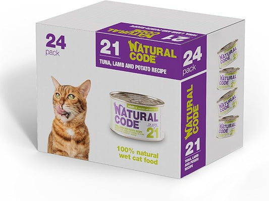 Natural Code Limited Ingredient Wet Cat Food Topper, High Protein, Low Fat, Additive-Free, Non-GMO, No Artificial Colors or Flavors, Tuna, Lamb & Potato in Aspic for Adult Cats, 24 Pack of 3oz Cans