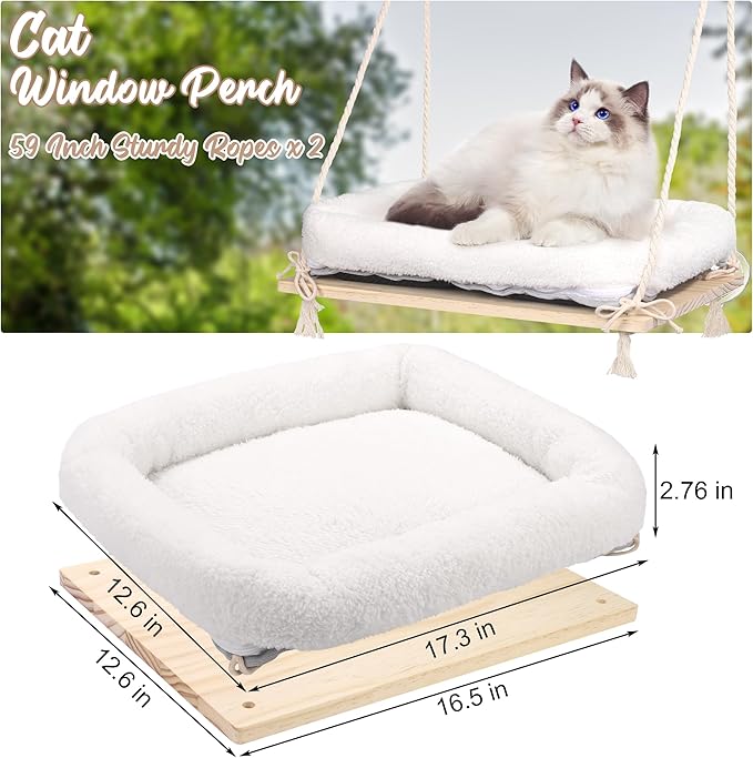MCEAST Cat Window Perch with Cushion Bed Fluffy Blanket 4 Strong Suction Cups Hanging Window Shelf Easy to Install Solid Window Hammock for Small Medium Indoor Cats, Natural Wood Color