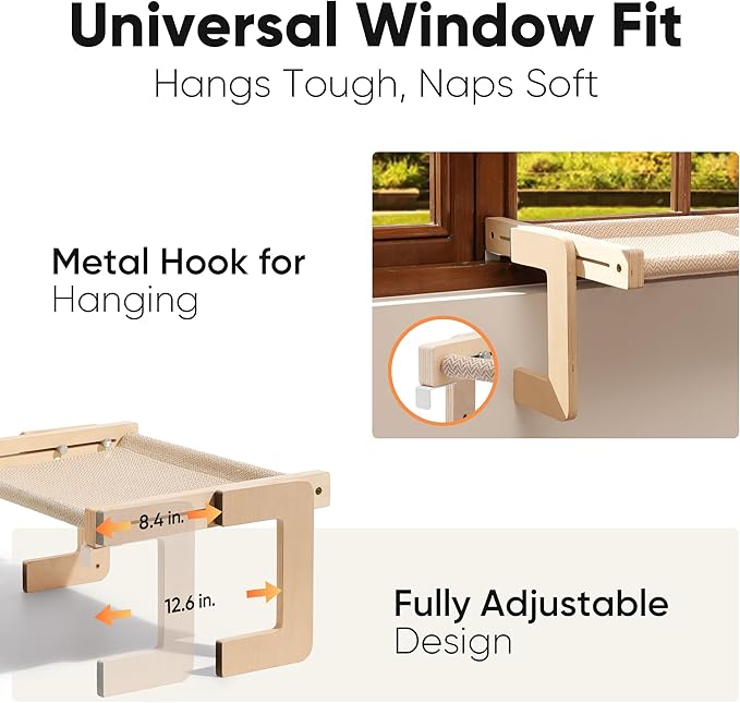 FUKUMARU Cat Window Perch, Transformable Cat Hammock for Windowsill and Floor, Cats Window Bed for Large Cats and Kittens, Reinforced Wood and Metal Frame, Easy to Adjust & Assemble Pet Pech Beds