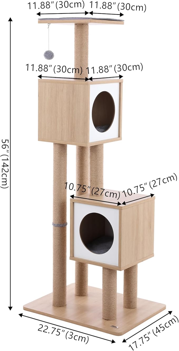 CTR1011A Sawyer 56" 3-Tier Minimalist Jute Cat Tree Condo with Scratching Posts, and Fuzzy Toy, Brown/White