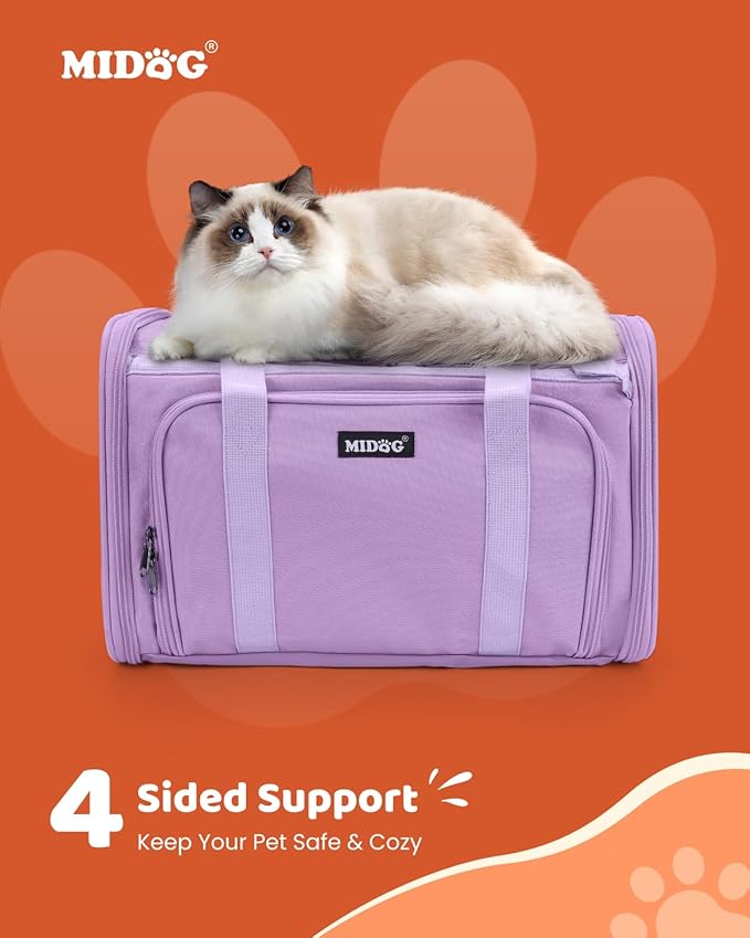 MIDOG Cat Carrier Soft, TSA Approved Airline Travel Carrier for Cats and Small Dogs, Under Seat Pet Bag with Expandable Space & Escape-Proof Zippers (Lavender)