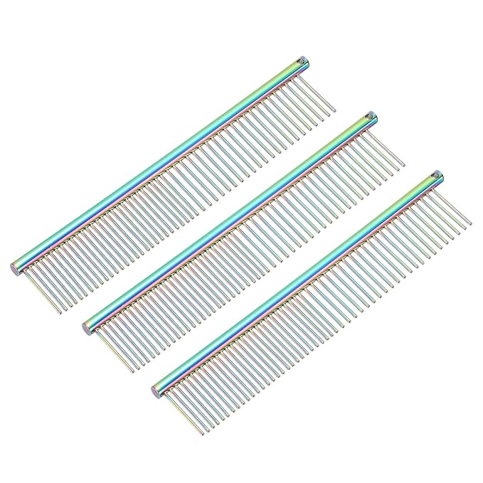 Dog Cat Comb, Pet Combs Stainless Steel Teeth with Rounded Ends for Knots Mats Loose Hair Removal, 6.5IN (Colorful Plated, 3 Pack), Grooming Tool Intended for Long Curly Hair Pet