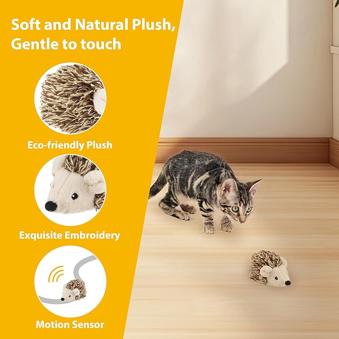 Gigwi Interactive Moving Cat Toy, Automatic Squeaky Cat Toy Hedgehog Design for Indoor Self Play, Upgraded 500mAh USB Rechargeable Electronic Pet Chase Toy for Exercise