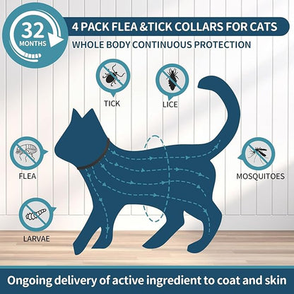 Flea and Tick Collar for Cats - 4 Pack, 32 Month Protection Treatment, Waterproof, Natural Prevention, Adjustable for Cats & Kittens (Black Grey)