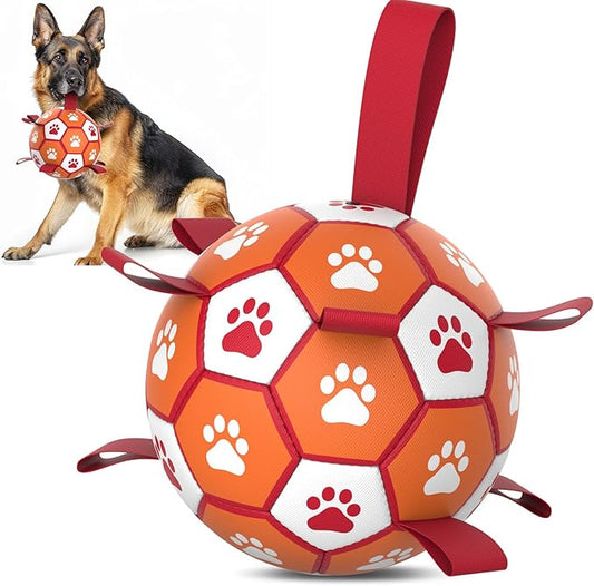 Diman Dog Soccer Balls Toys: Dog Balls with Straps for Indoor Outdoor Play, Pet Toys Balls for Small Medium, Doggie Birthday Gift, Interactive Pet Toy for Tug of War (7 inch)