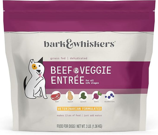 Bark & Whiskers Dehydrated Beef and Veggie Entrée, 3 lb., Makes 12 lbs. of Food for Dogs, Digestive Support, Vet Formulated, Non-GMO, Dr. Mercola