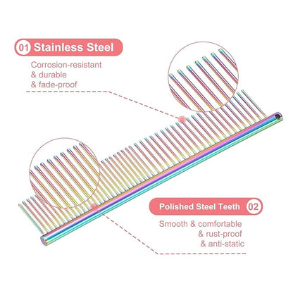 Dog Cat Comb, Pet Combs Stainless Steel Teeth with Rounded Ends for Knots Mats Loose Hair Removal, 6.5IN (Colorful Plated, 3 Pack), Grooming Tool Intended for Long Curly Hair Pet