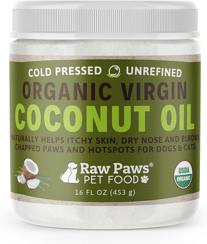 Raw Paws Virgin Organic Coconut Oil for Dogs & Cats, 16-oz - Treatment for Itchy Skin, Dry Nose, Paws - Hot Spot Lotion - Natural Hairball Remedy for Cats