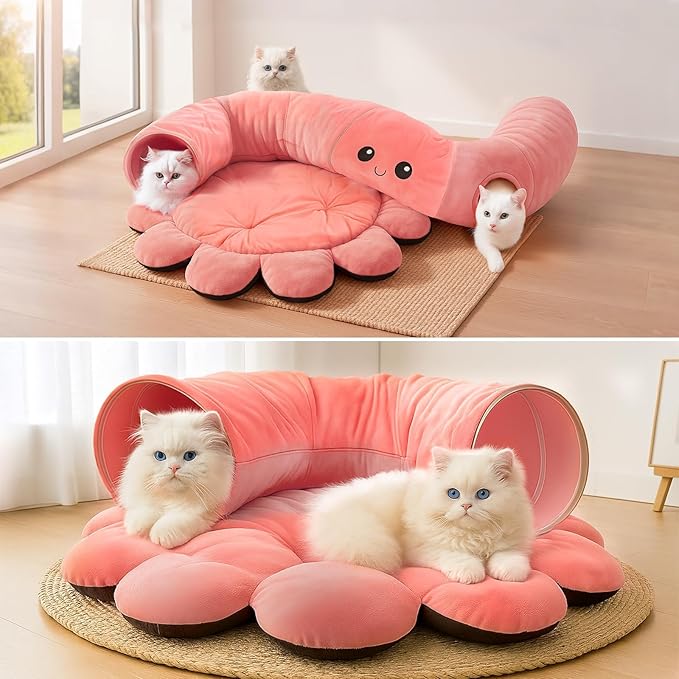 Cat Tunnel Bed for Indoor Cats, Peekaboo Cat Cave Bed,Soft Cat Donut Tunnel for Kitten Large Cats, Cute Pink Octopus Shaped