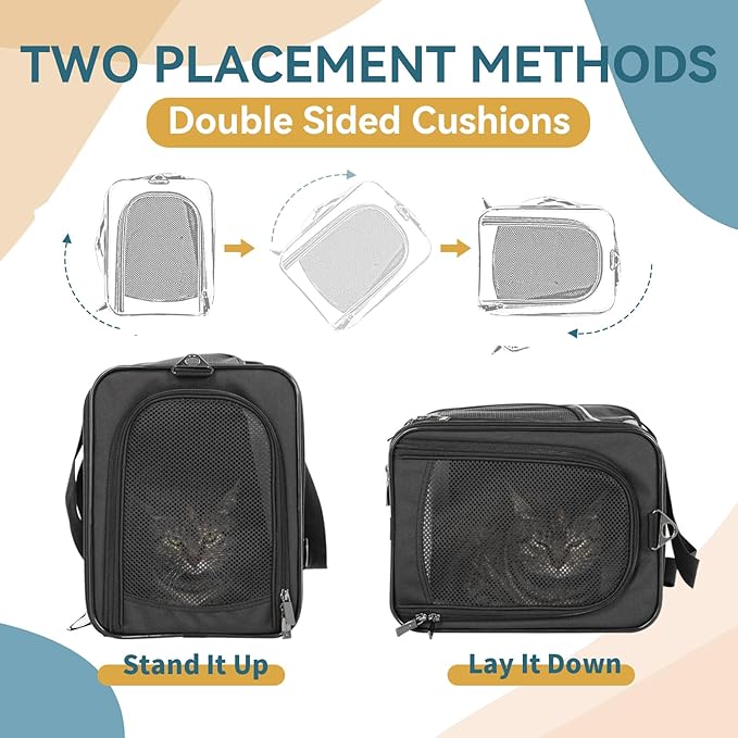 Petsfit Airline Approved Pet Carrier for Small Cats, 15x8x10 TSA Approved Carrier, with Removable Dual-Sided Padding (2-Way Placement) - Fits Under Most Airplane Seats, Escape Proof (Black)