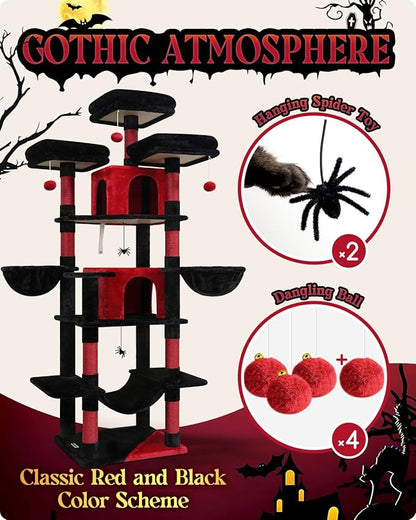 Globlazer Gothic Cat Tree, 80inch Goth Cat Tower for Indoor Cats Multiple Adult Cats XXL Cat Tree Large Cat Tower with Scratching Post, Hammock, 3 Perches, 2 Condos, 2 Hanging Basket, F80, Black Red